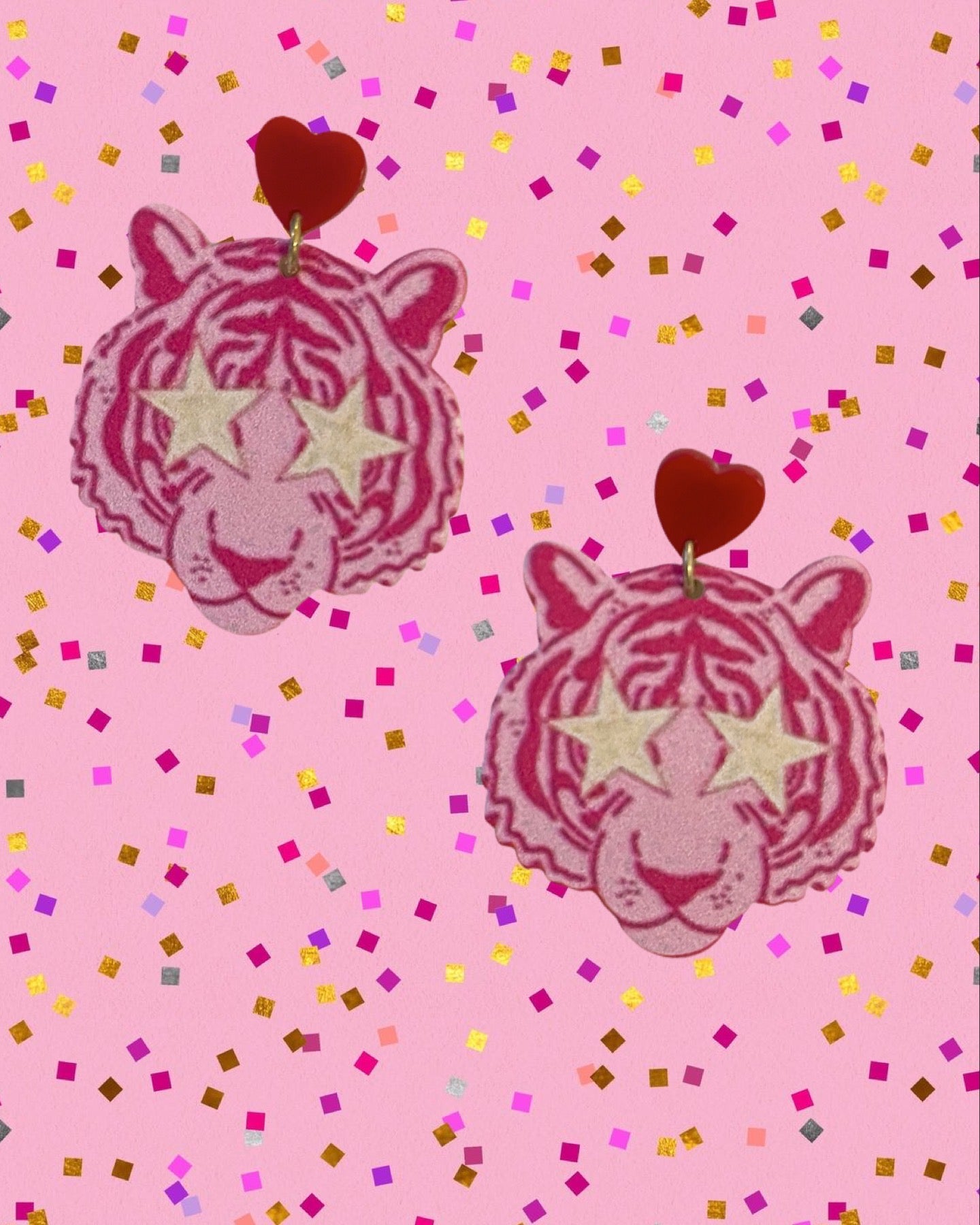 Pink Star-Eye Tiger Earrings